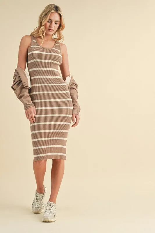 Sweater Dress & Cardigan Set - Taupe & Cream