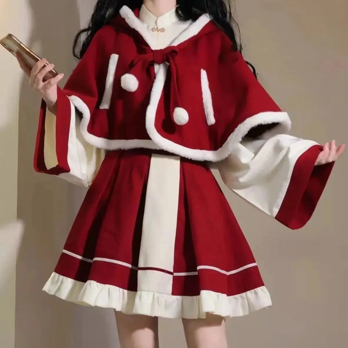 TAVIMART  -  Autumn Winter Vintage Skirt Sets Women Loose Hooded Cape Cload   Long-sleeved Inner Shirt   Mini Skirt Three-piece Set
