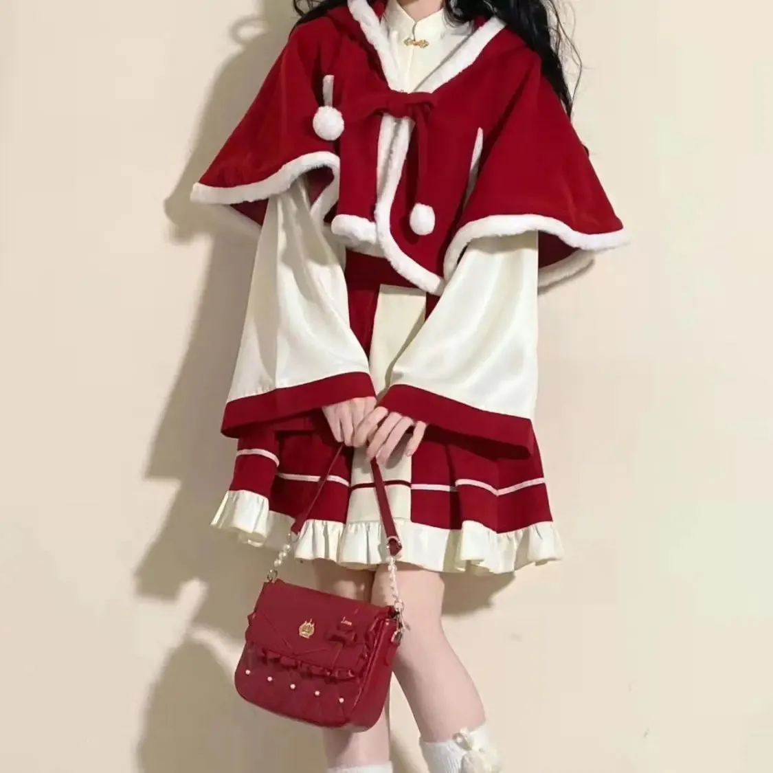 TAVIMART  -  Autumn Winter Vintage Skirt Sets Women Loose Hooded Cape Cload   Long-sleeved Inner Shirt   Mini Skirt Three-piece Set
