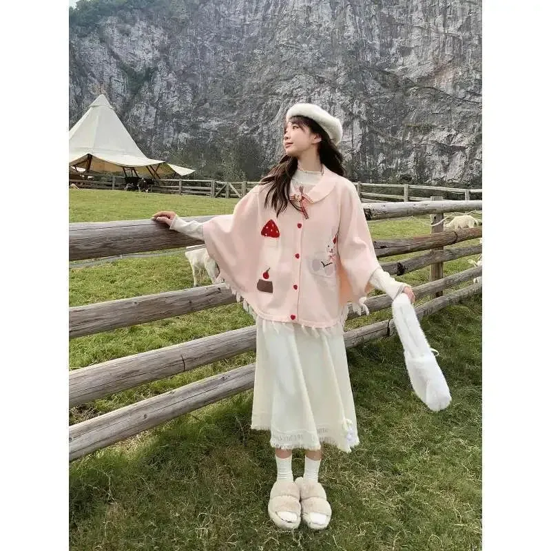 TAVIMART  -  Japanese College Style Autumn Winter Cute Bunny Shawl Cloak Kawaii Lapel Tassel Bow Cardigan Women Knitted Sweater Top
