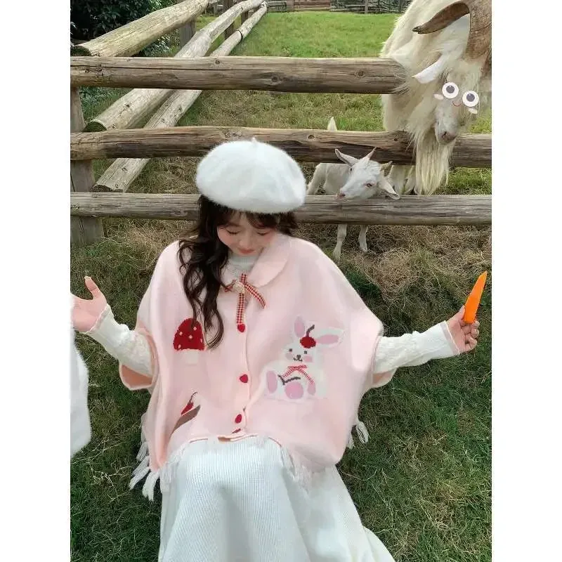 TAVIMART  -  Japanese College Style Autumn Winter Cute Bunny Shawl Cloak Kawaii Lapel Tassel Bow Cardigan Women Knitted Sweater Top