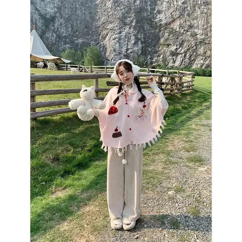 TAVIMART  -  Japanese College Style Autumn Winter Cute Bunny Shawl Cloak Kawaii Lapel Tassel Bow Cardigan Women Knitted Sweater Top