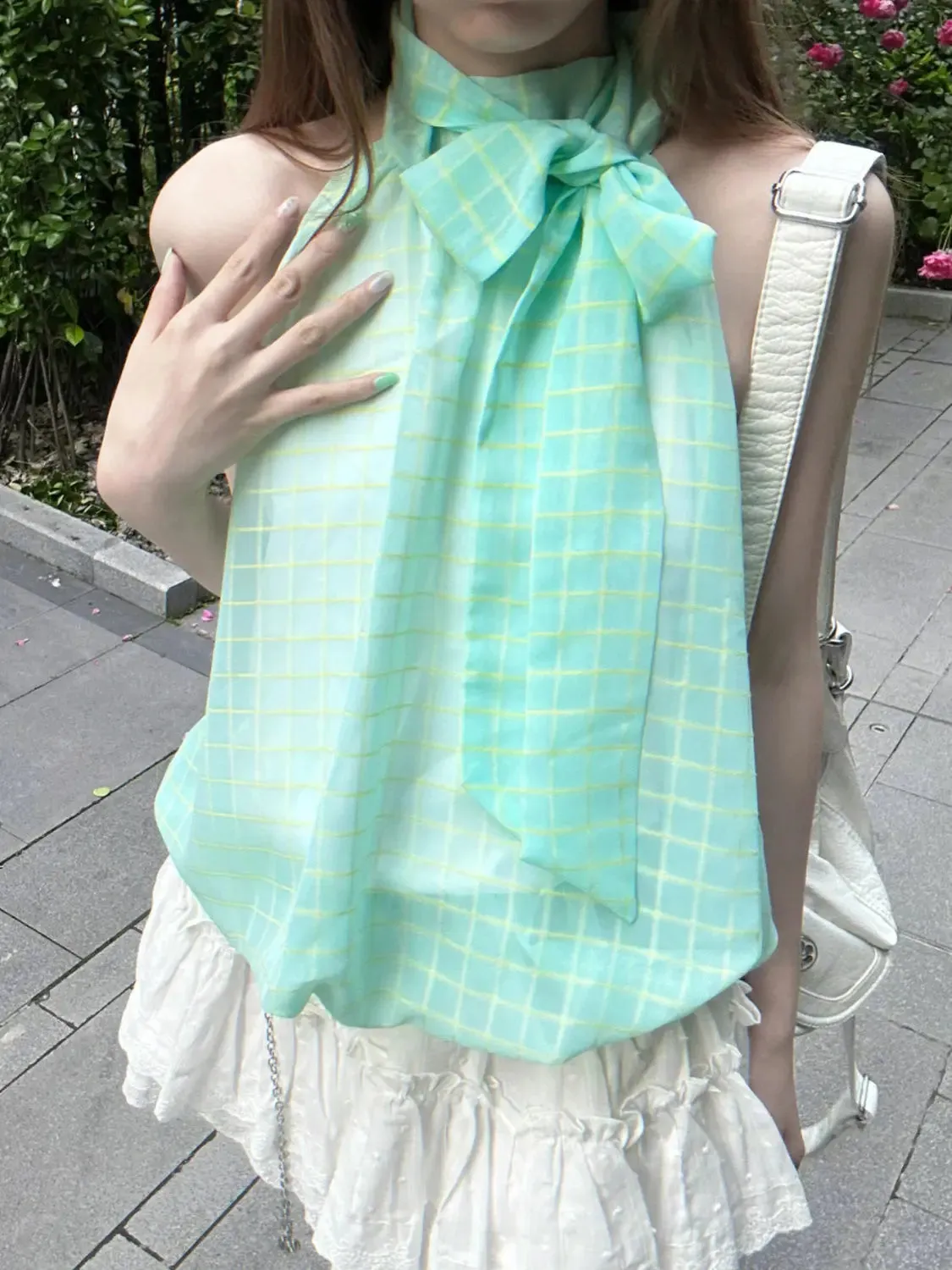 TAVIMART  -  Mint Green Fresh Design Hanging Neck Tops Women Summer Design Plaid Strapless Plaid Niche Camisole Tank Hottie 2024