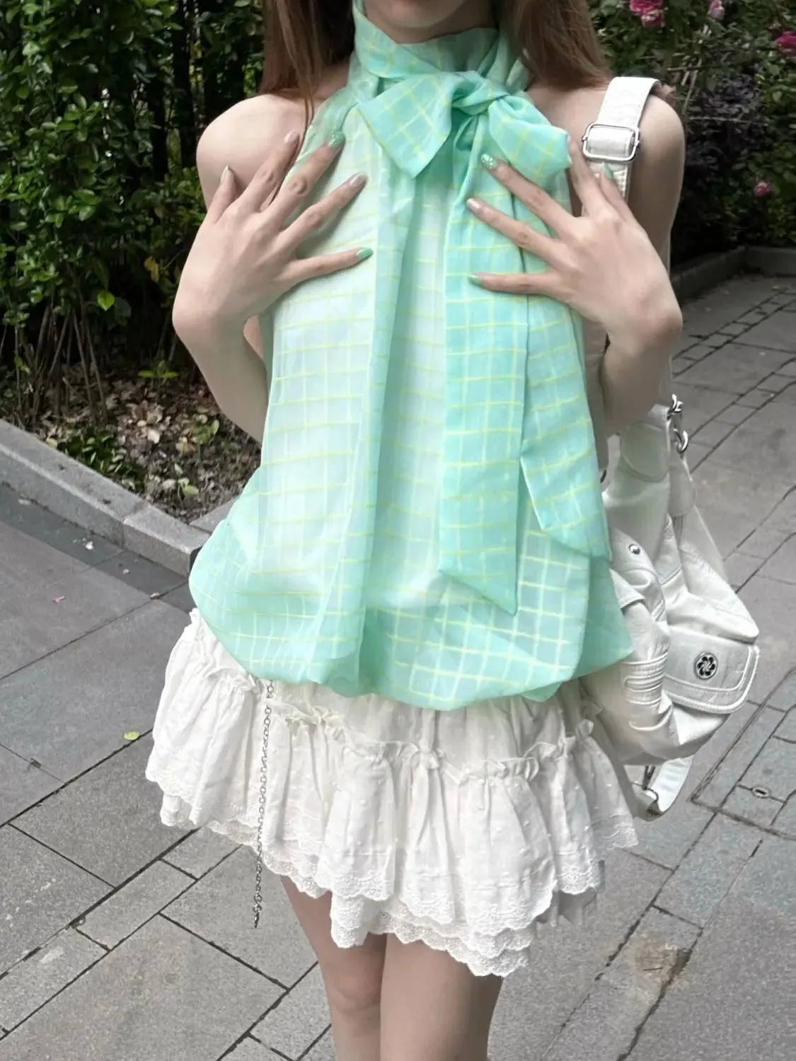 TAVIMART  -  Mint Green Fresh Design Hanging Neck Tops Women Summer Design Plaid Strapless Plaid Niche Camisole Tank Hottie 2024