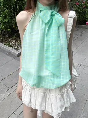 TAVIMART  -  Mint Green Fresh Design Hanging Neck Tops Women Summer Design Plaid Strapless Plaid Niche Camisole Tank Hottie 2024