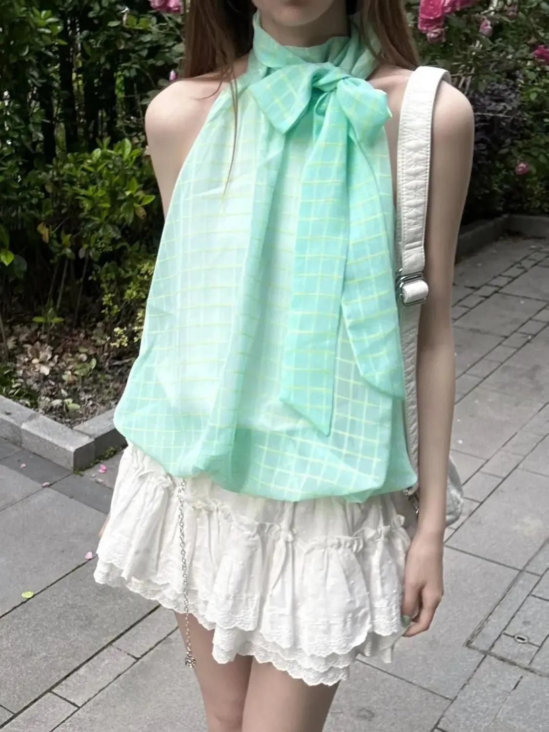 TAVIMART  -  Mint Green Fresh Design Hanging Neck Tops Women Summer Design Plaid Strapless Plaid Niche Camisole Tank Hottie 2024