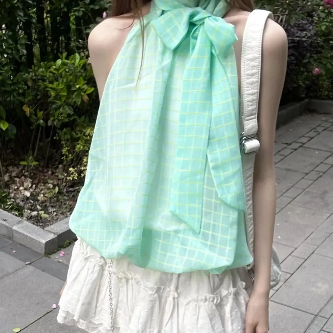 TAVIMART  -  Mint Green Fresh Design Hanging Neck Tops Women Summer Design Plaid Strapless Plaid Niche Camisole Tank Hottie 2024