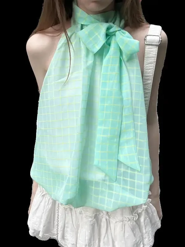 TAVIMART  -  Mint Green Fresh Design Hanging Neck Tops Women Summer Design Plaid Strapless Plaid Niche Camisole Tank Hottie 2024