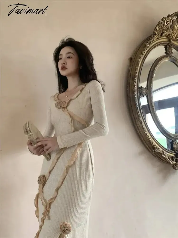 TAVIMART -  Women Fashion Bodycon Knitted Dress 2024 New Spring Casual Floral Chic Sweater Dresses Female Elegant Party Warm Vestidos New