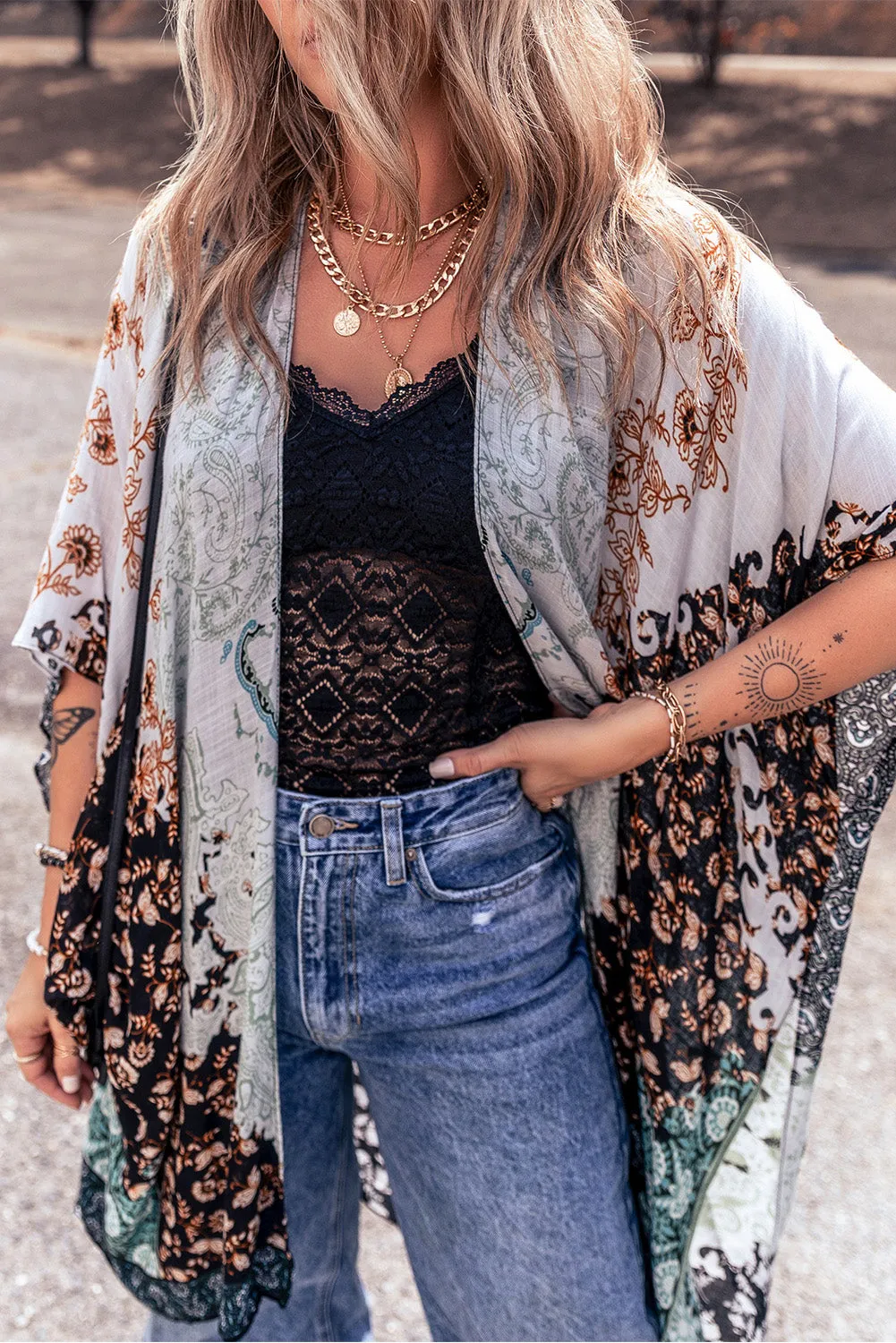 TEEK - Open Front Multicolor Half Sleeve Cover Up