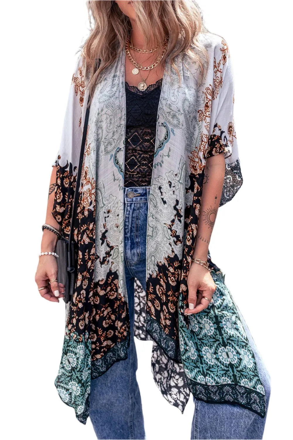 TEEK - Open Front Multicolor Half Sleeve Cover Up