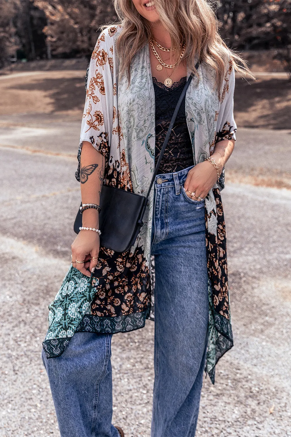 TEEK - Open Front Multicolor Half Sleeve Cover Up