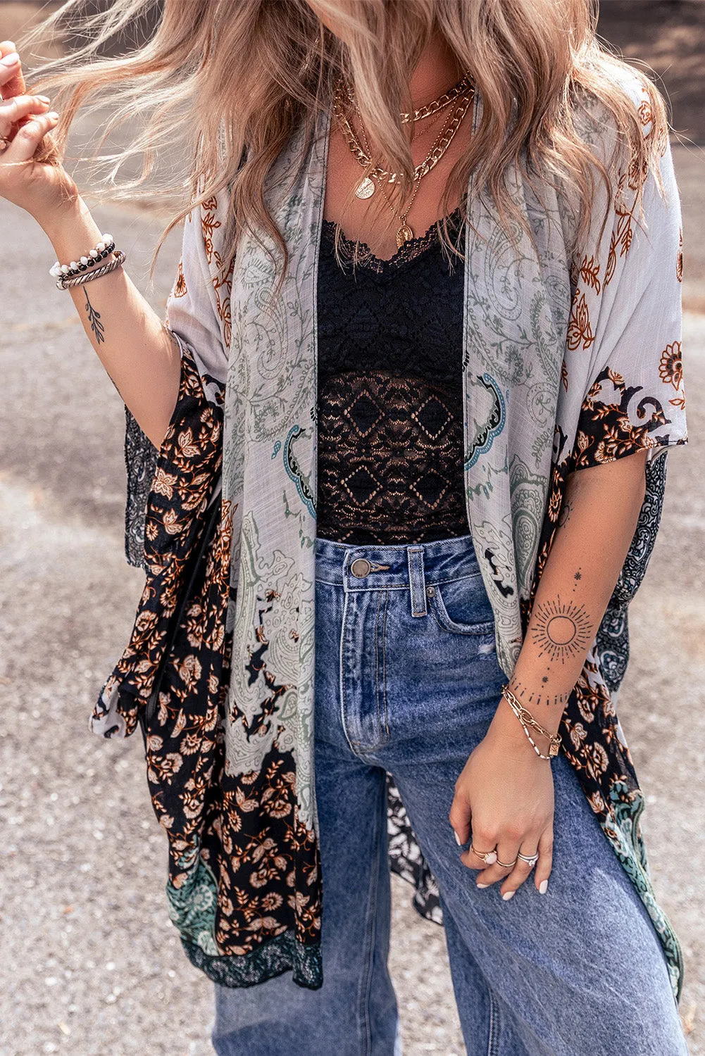 TEEK - Open Front Multicolor Half Sleeve Cover Up