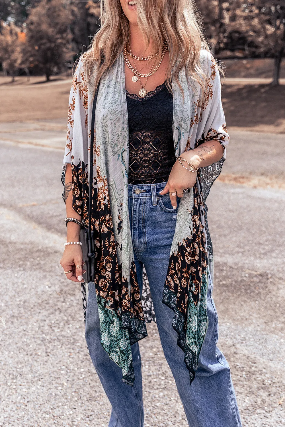 TEEK - Open Front Multicolor Half Sleeve Cover Up