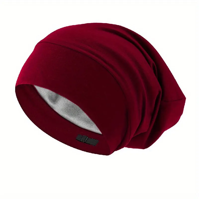 Ultra-Soft Satin Lined Slouchy Beanie - Breathable, Adjustable, Elastic Skull Cap for Sleeping, Hair Protection - Unisex, Solid Colors, One-Size-Fits-Most