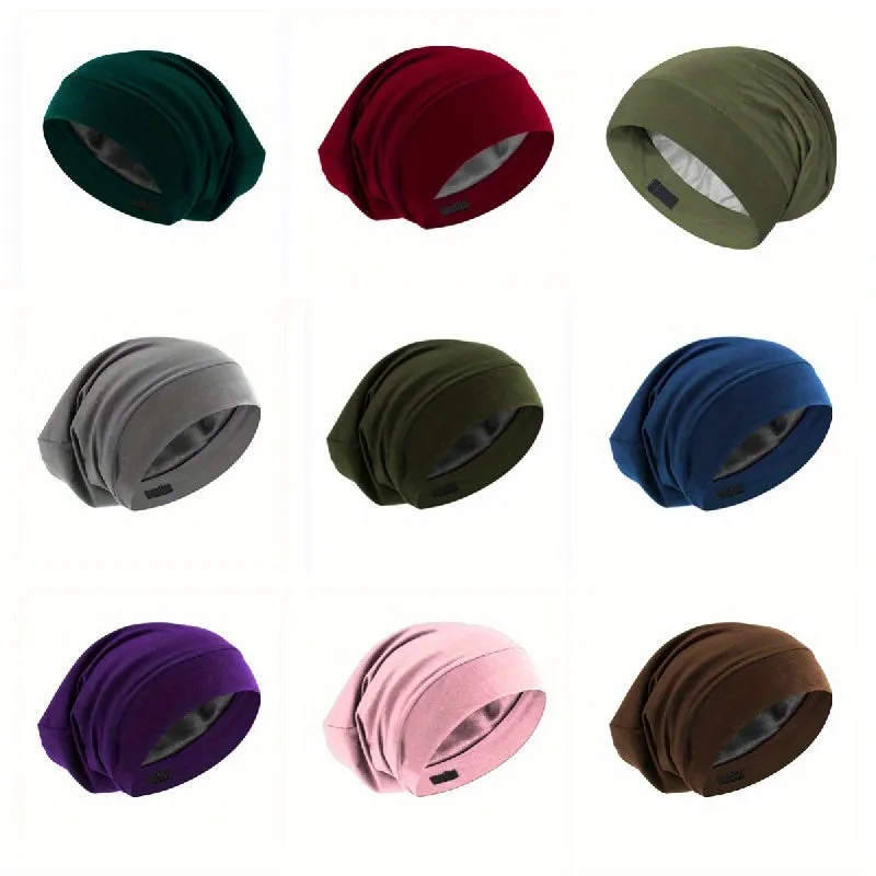 Ultra-Soft Satin Lined Slouchy Beanie - Breathable, Adjustable, Elastic Skull Cap for Sleeping, Hair Protection - Unisex, Solid Colors, One-Size-Fits-Most