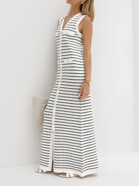 Uniwim Striped Metal Button Long Sweater Dress