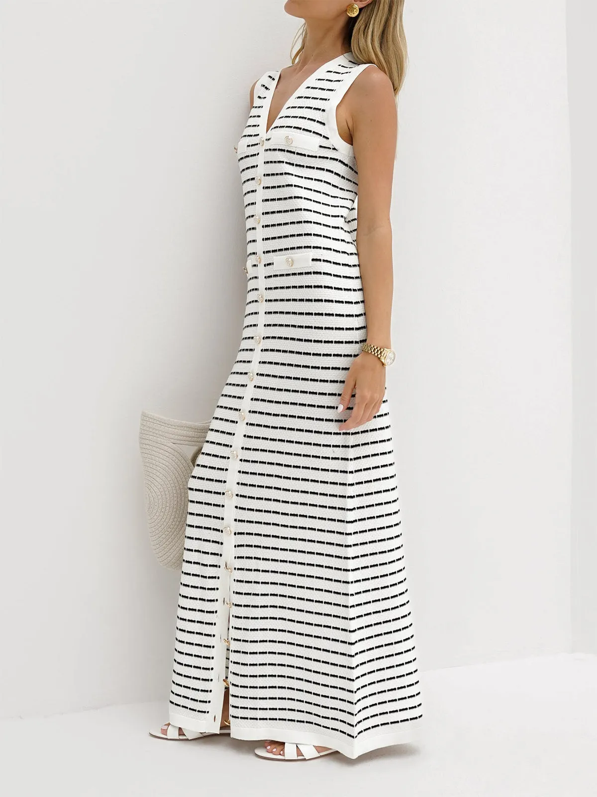 Uniwim Striped Metal Button Long Sweater Dress