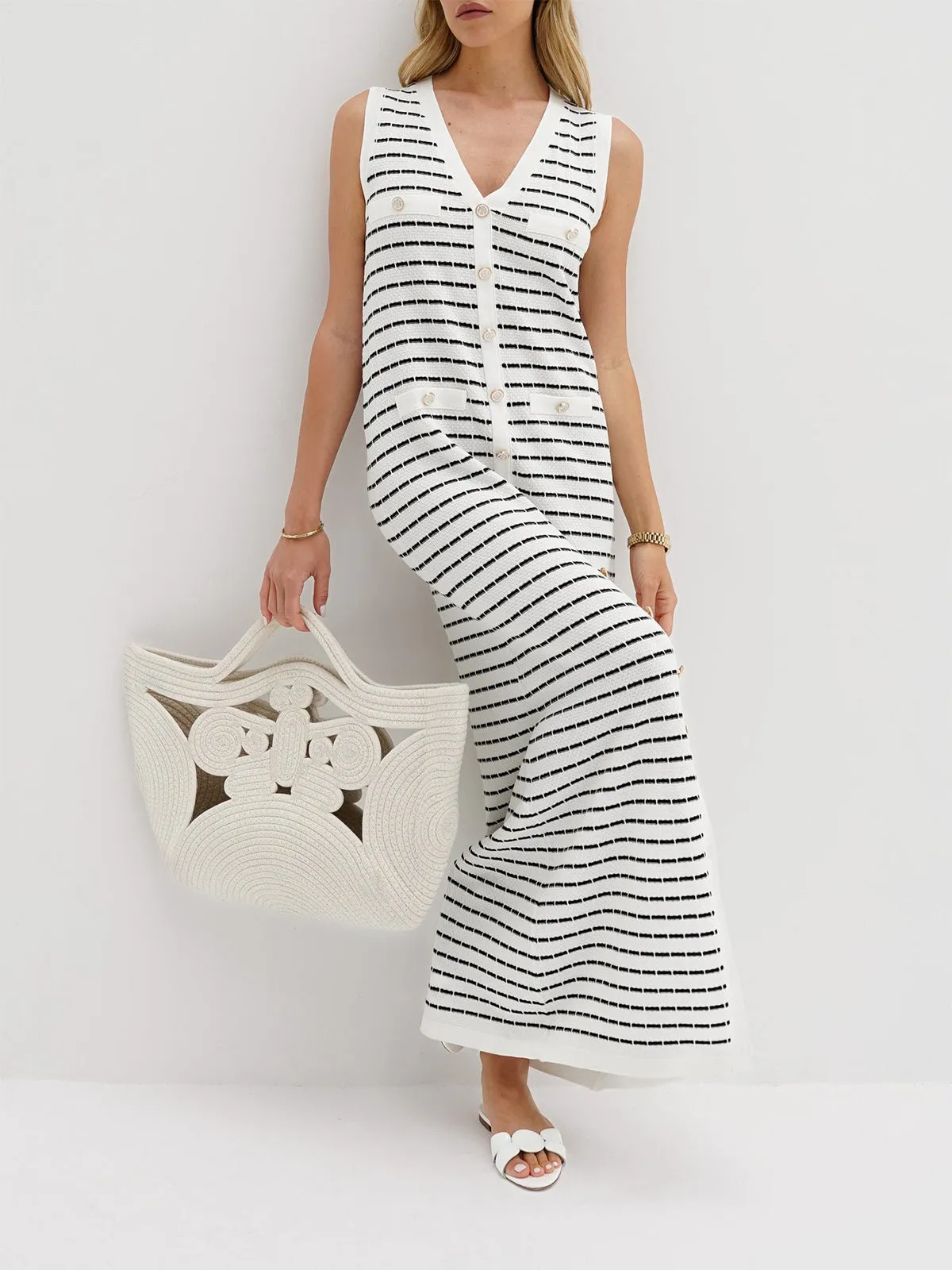 Uniwim Striped Metal Button Long Sweater Dress