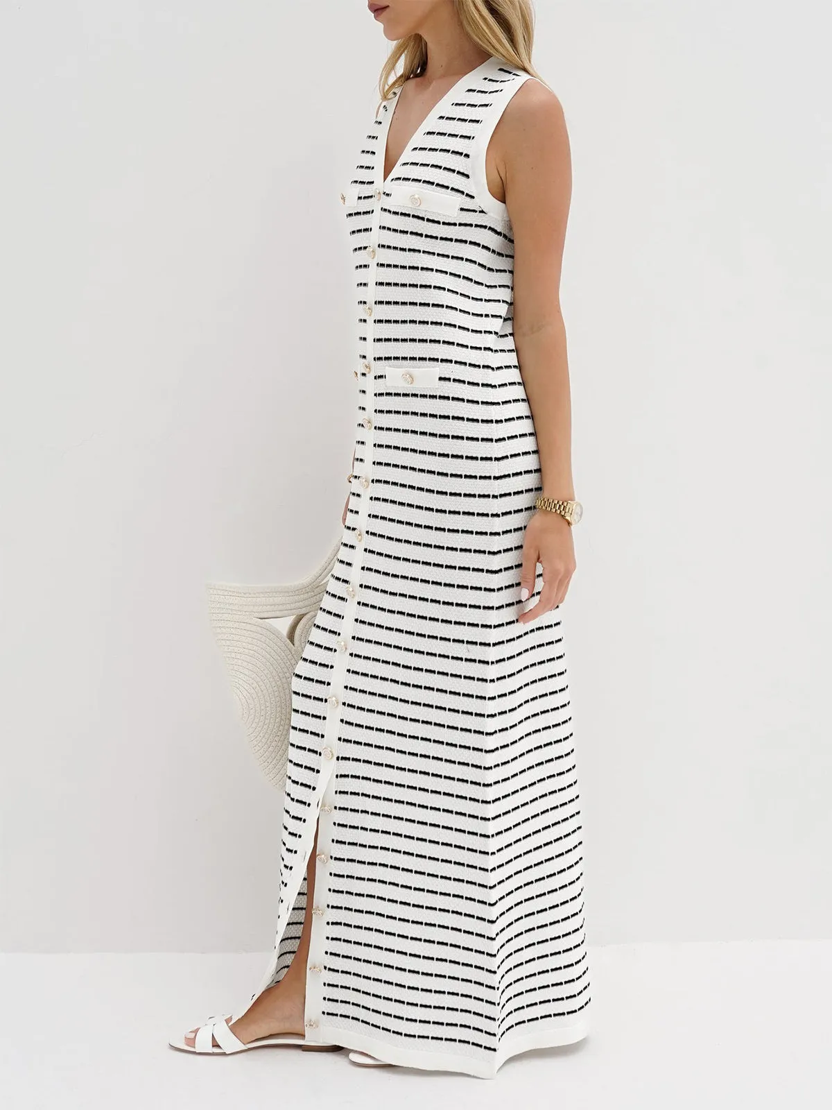 Uniwim Striped Metal Button Long Sweater Dress