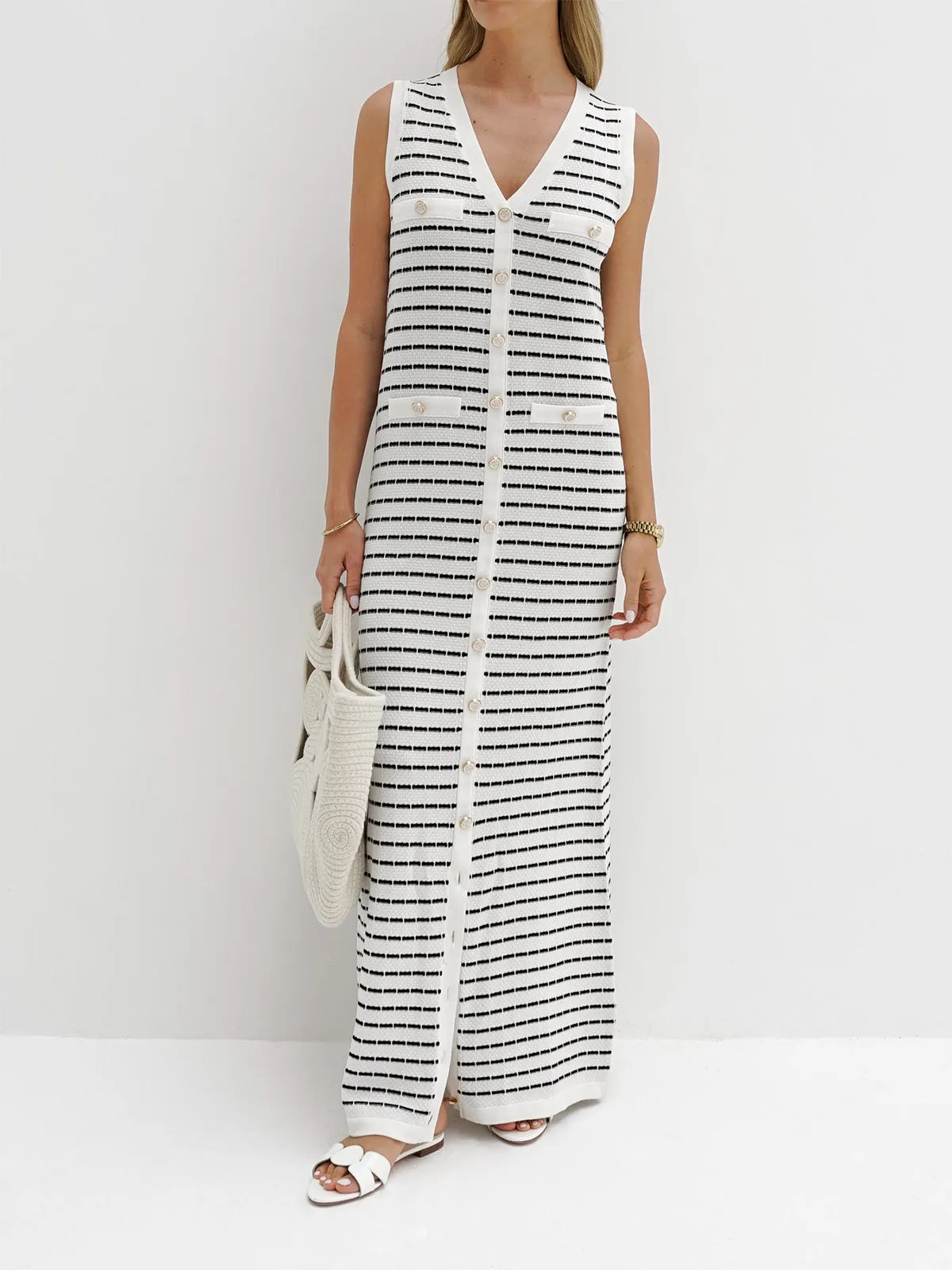 Uniwim Striped Metal Button Long Sweater Dress