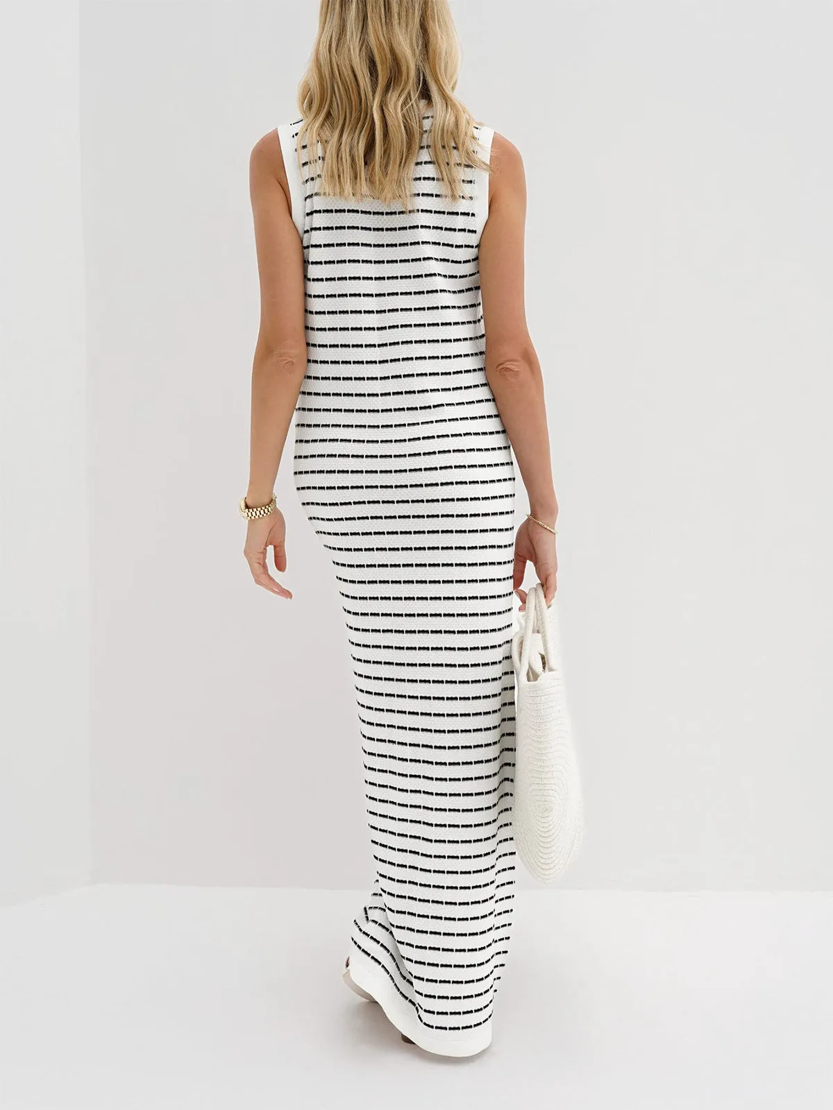 Uniwim Striped Metal Button Long Sweater Dress