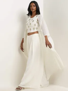 Vark White Floral Embellishment Crop Top, Palazzos and Shrug Set
