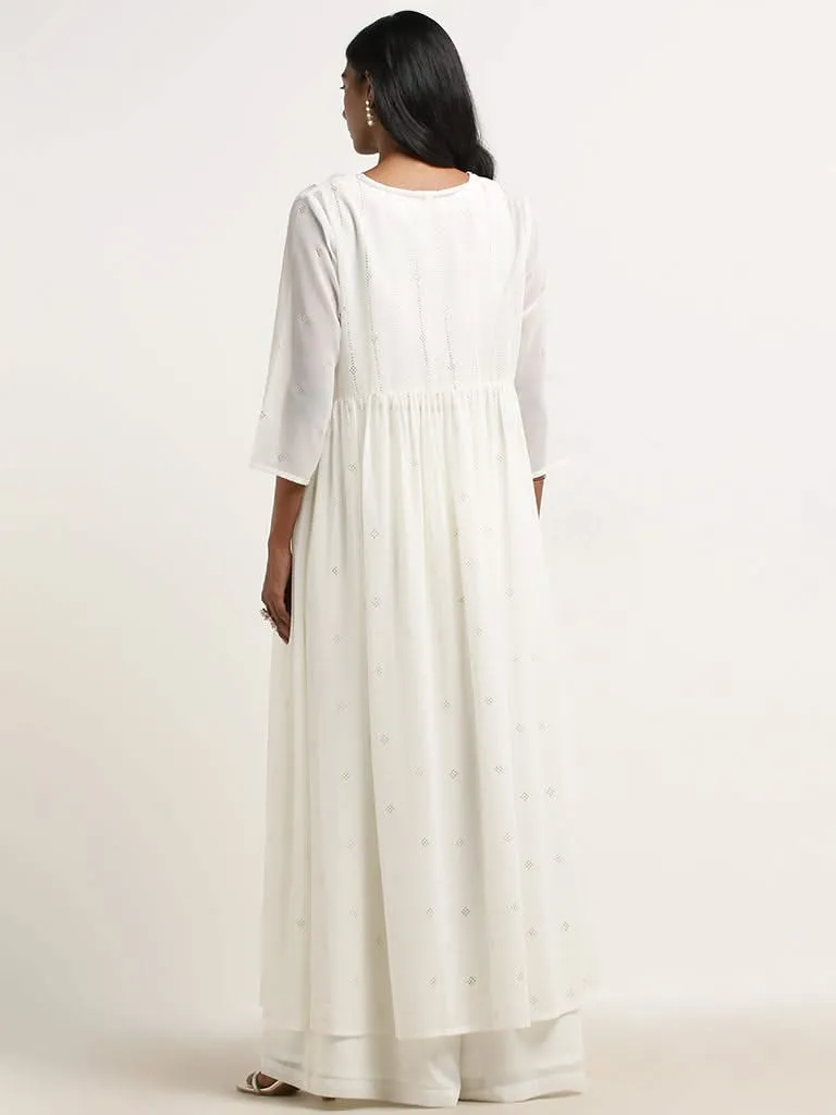 Vark White Floral Embellishment Crop Top, Palazzos and Shrug Set