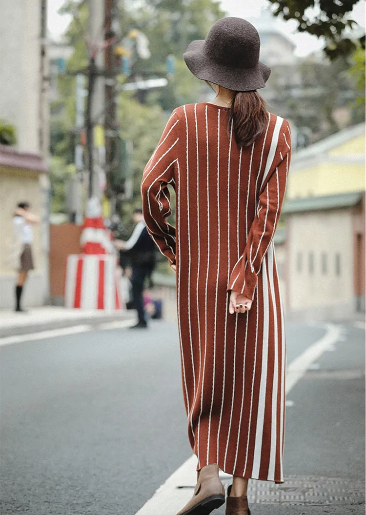 Vintage Brown Striped Maxi Sweater Dresses For Women Z81044