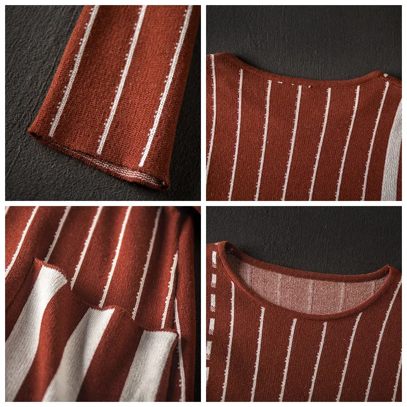 Vintage Brown Striped Maxi Sweater Dresses For Women Z81044