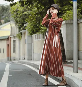 Vintage Brown Striped Maxi Sweater Dresses For Women Z81044