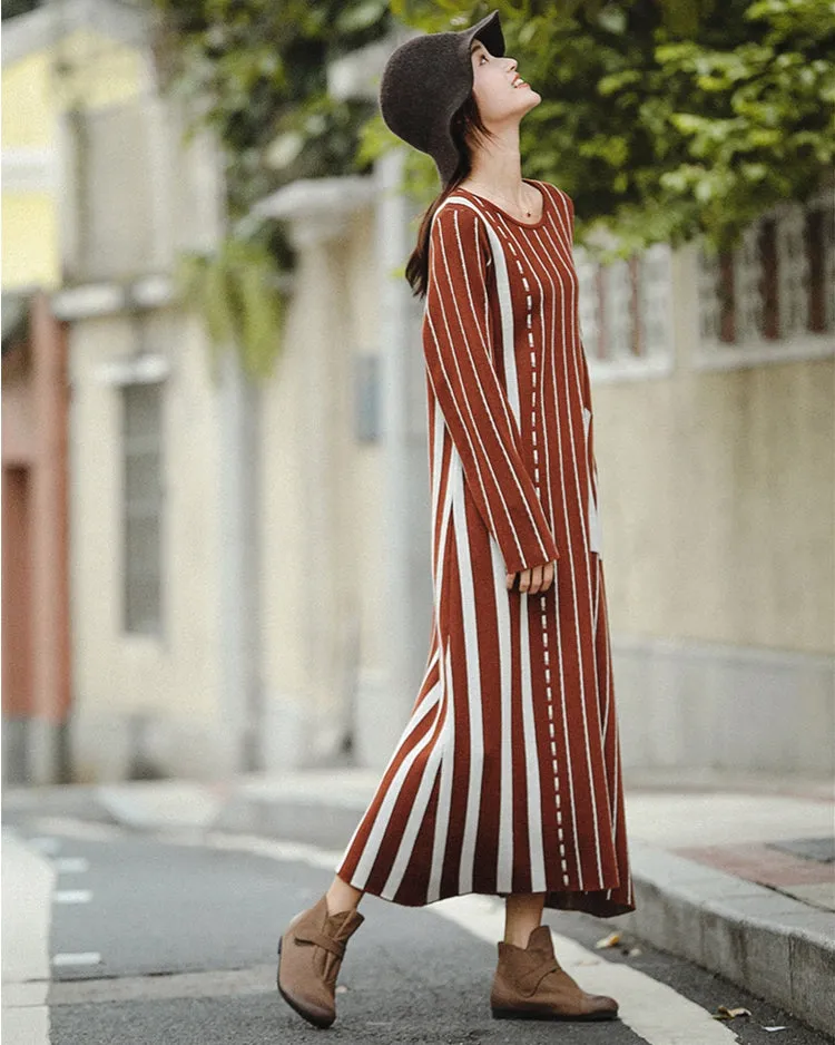 Vintage Brown Striped Maxi Sweater Dresses For Women Z81044
