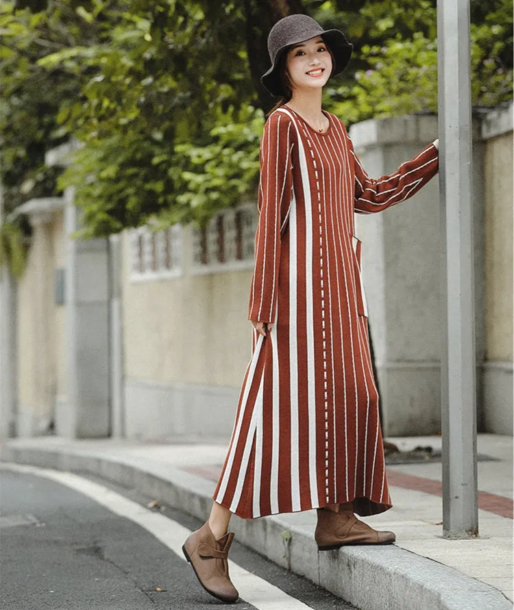 Vintage Brown Striped Maxi Sweater Dresses For Women Z81044