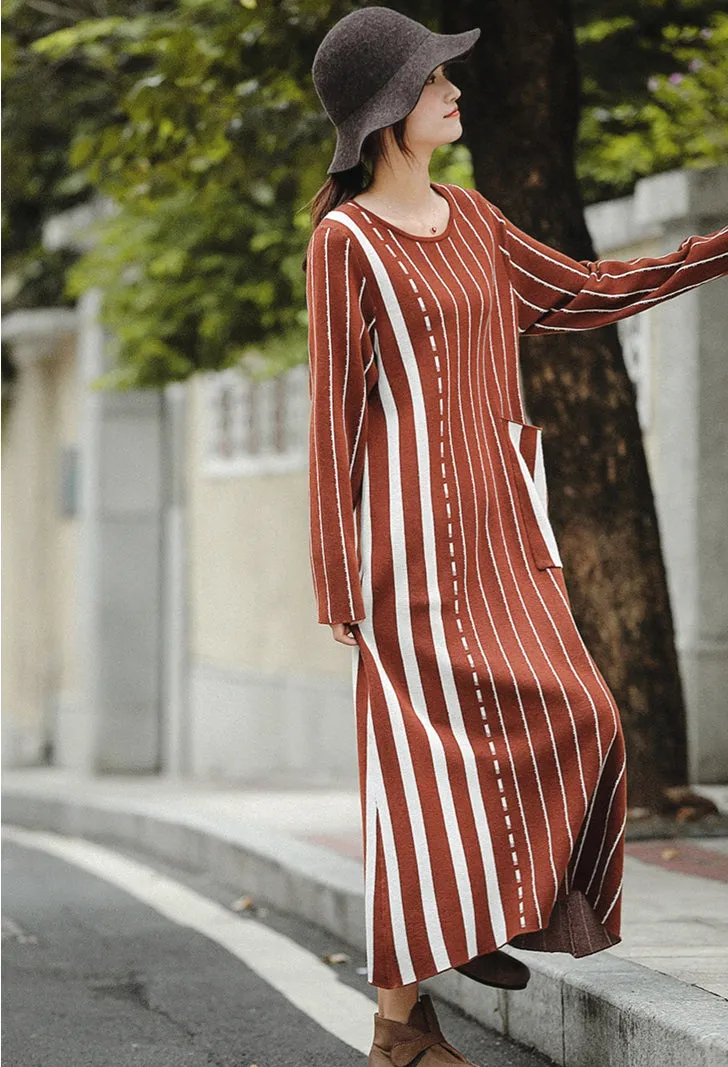 Vintage Brown Striped Maxi Sweater Dresses For Women Z81044