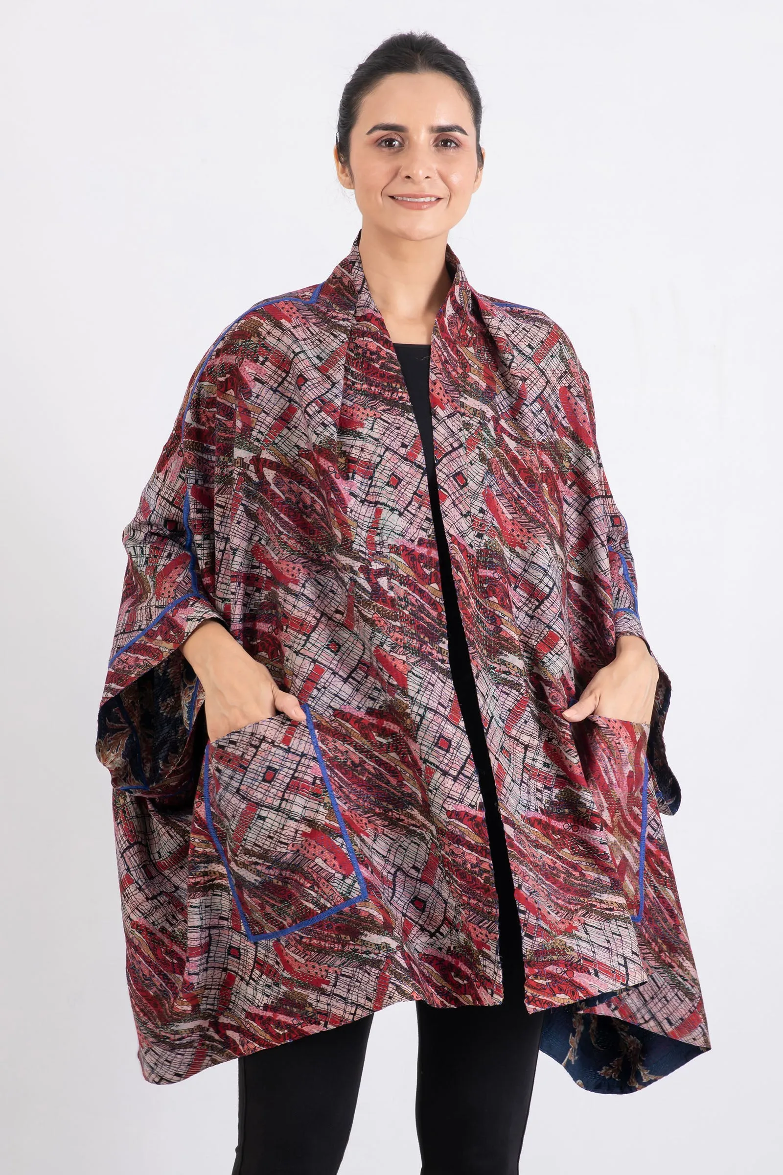 VINTAGE SILK GEORGETTE KANTHA DOUBLE COLLAR PONCHO