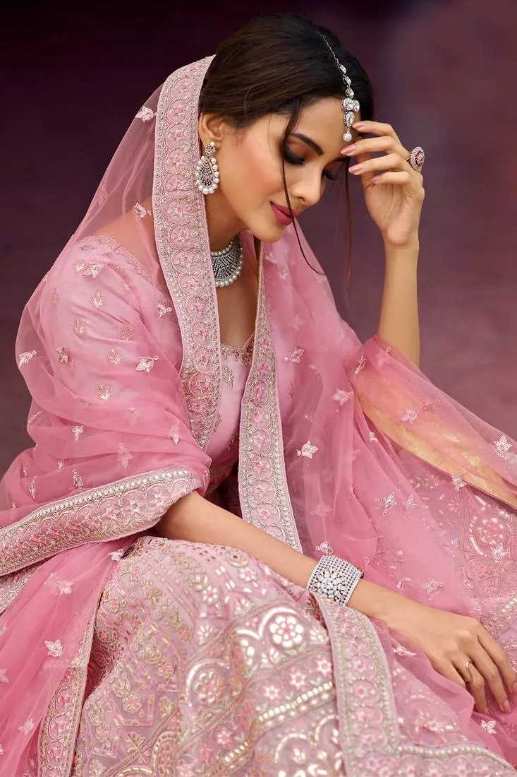Wedding wear Pink Crop Top Lehenga Choli With Plain And Gota Work