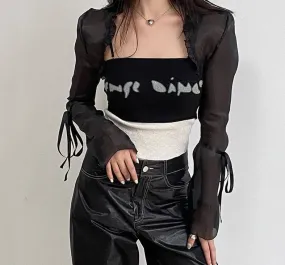 Wenkouban Gothic Cloak Womne Long Sleeve Crop Top Bow Design Black Cape   Patchwork Tank Top Two Piece Set Korean Style Sexy Tops