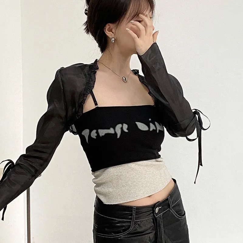 Wenkouban Gothic Cloak Womne Long Sleeve Crop Top Bow Design Black Cape   Patchwork Tank Top Two Piece Set Korean Style Sexy Tops