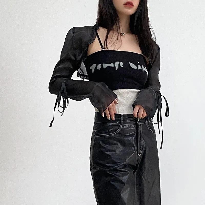 Wenkouban Gothic Cloak Womne Long Sleeve Crop Top Bow Design Black Cape   Patchwork Tank Top Two Piece Set Korean Style Sexy Tops