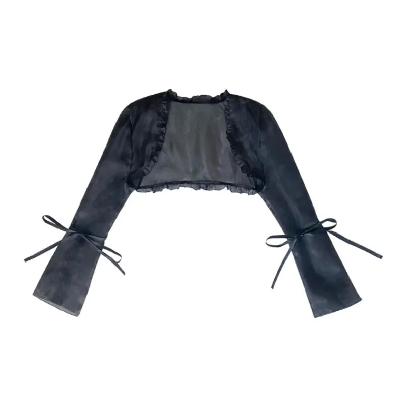 Wenkouban Gothic Cloak Womne Long Sleeve Crop Top Bow Design Black Cape   Patchwork Tank Top Two Piece Set Korean Style Sexy Tops