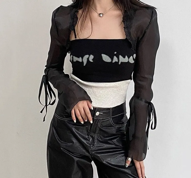 Wenkouban Gothic Cloak Womne Long Sleeve Crop Top Bow Design Black Cape   Patchwork Tank Top Two Piece Set Korean Style Sexy Tops