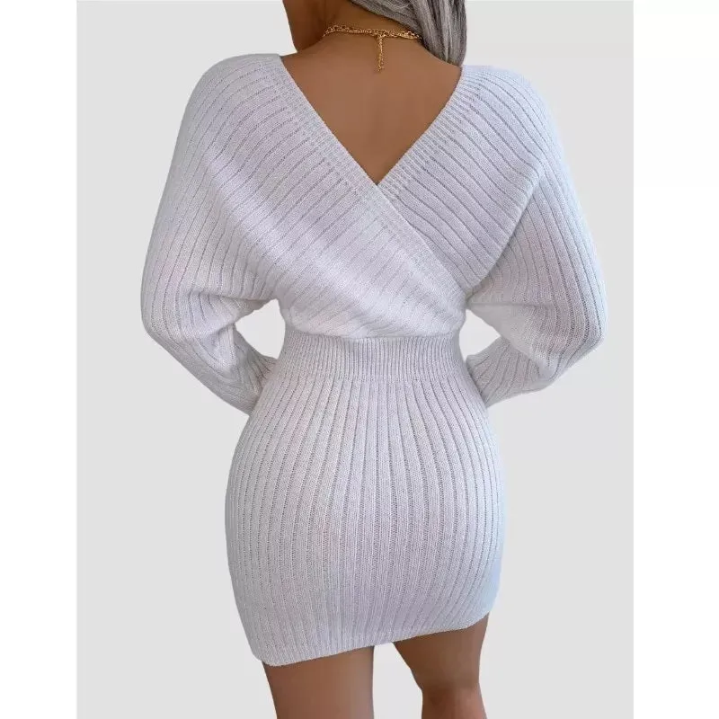 White Bodycon Sweater Dress V neck Batwing Sleeve Sexy Dress