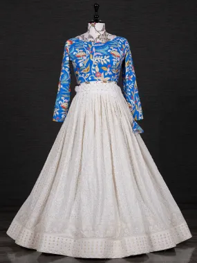 White Color Lucknowi Sequins Embroidery Work Lehenga With Crop Top