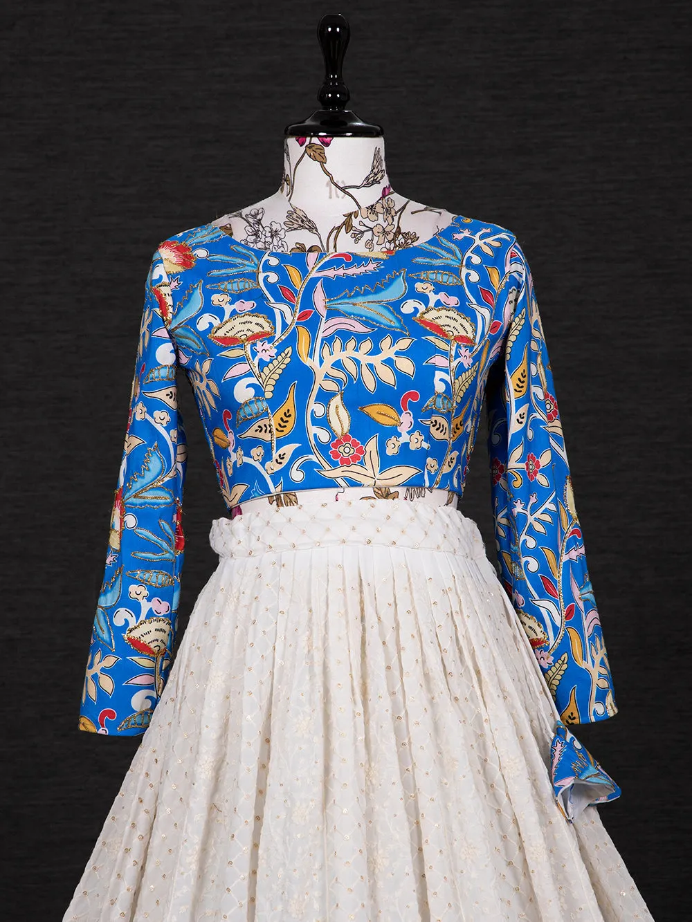 White Color Lucknowi Sequins Embroidery Work Lehenga With Crop Top