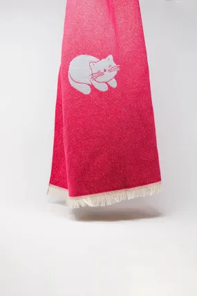 Wide Soft Knitted Scarf In Pink With Cat Print