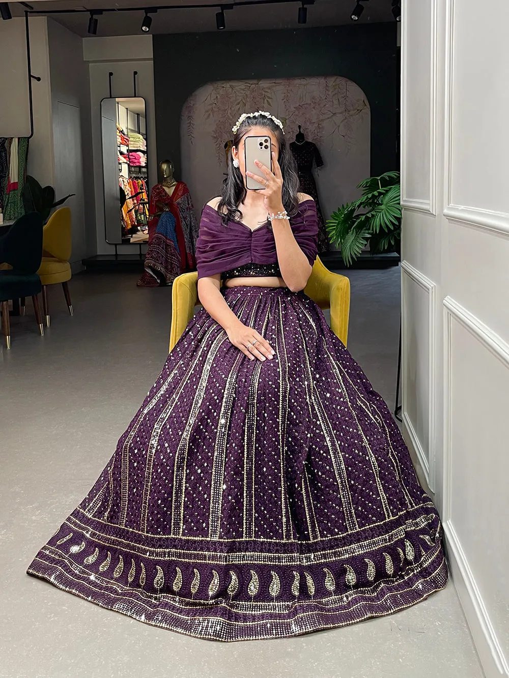 Wine Color Sequins and Embroidery Thread Work Georgette Co-Ord Set Lehenga Choli