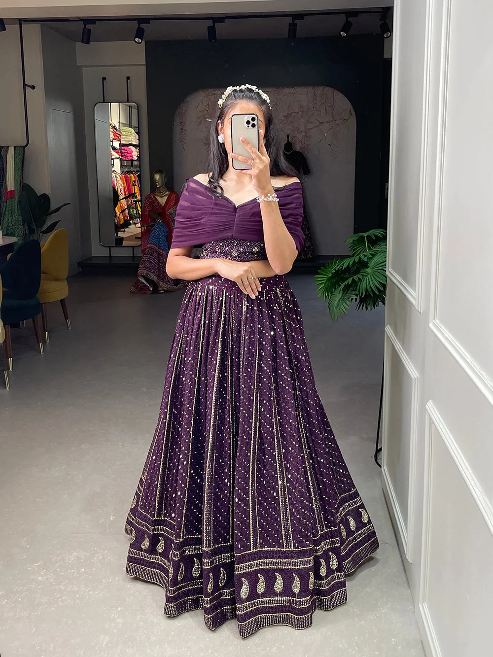 Wine Color Sequins and Embroidery Thread Work Georgette Co-Ord Set Lehenga Choli