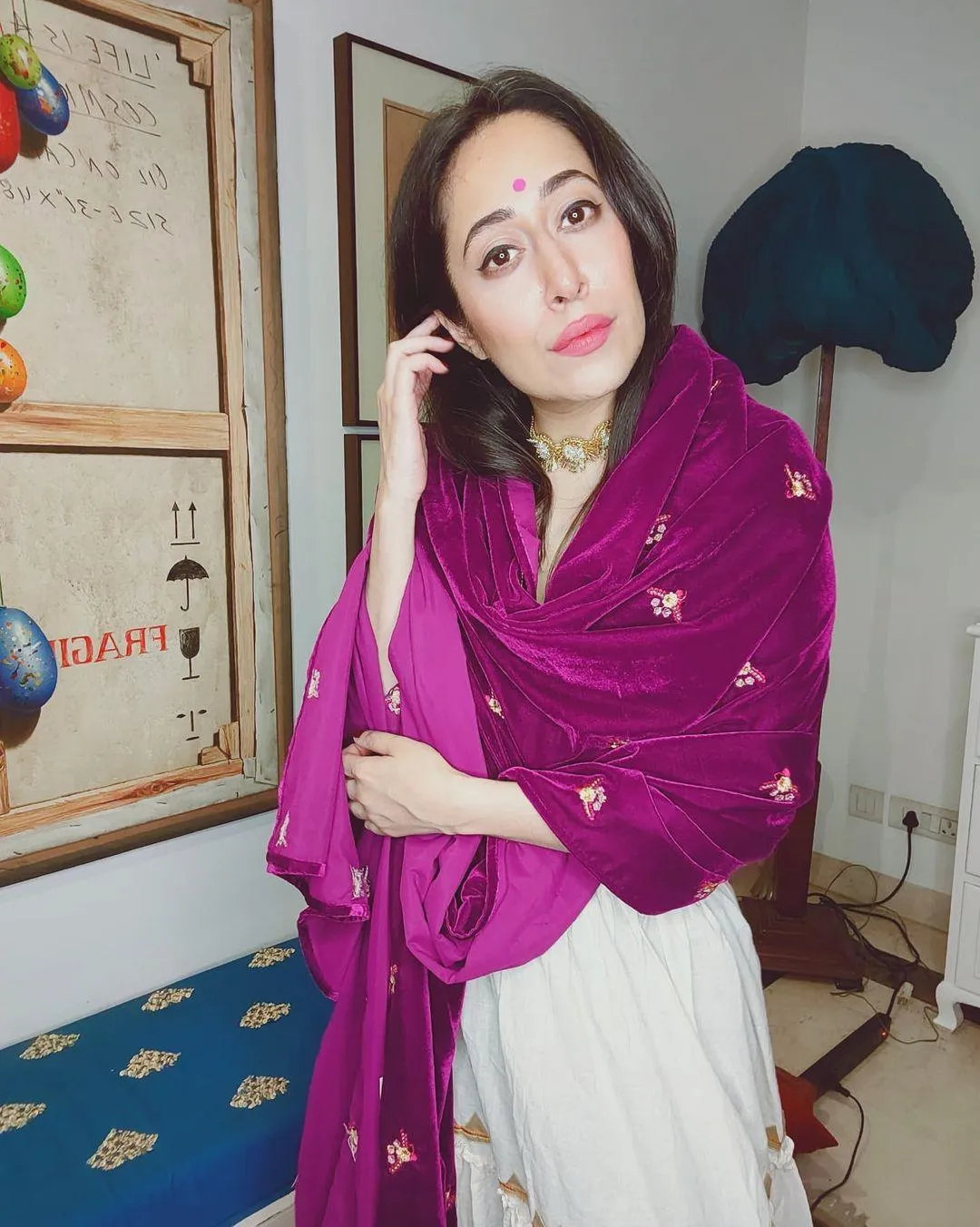 Wine Velvet Embroidered Shawl