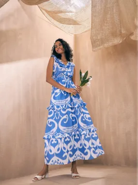 Women Blue & White Ikat Print Neck Ruffle Tiered Maxi