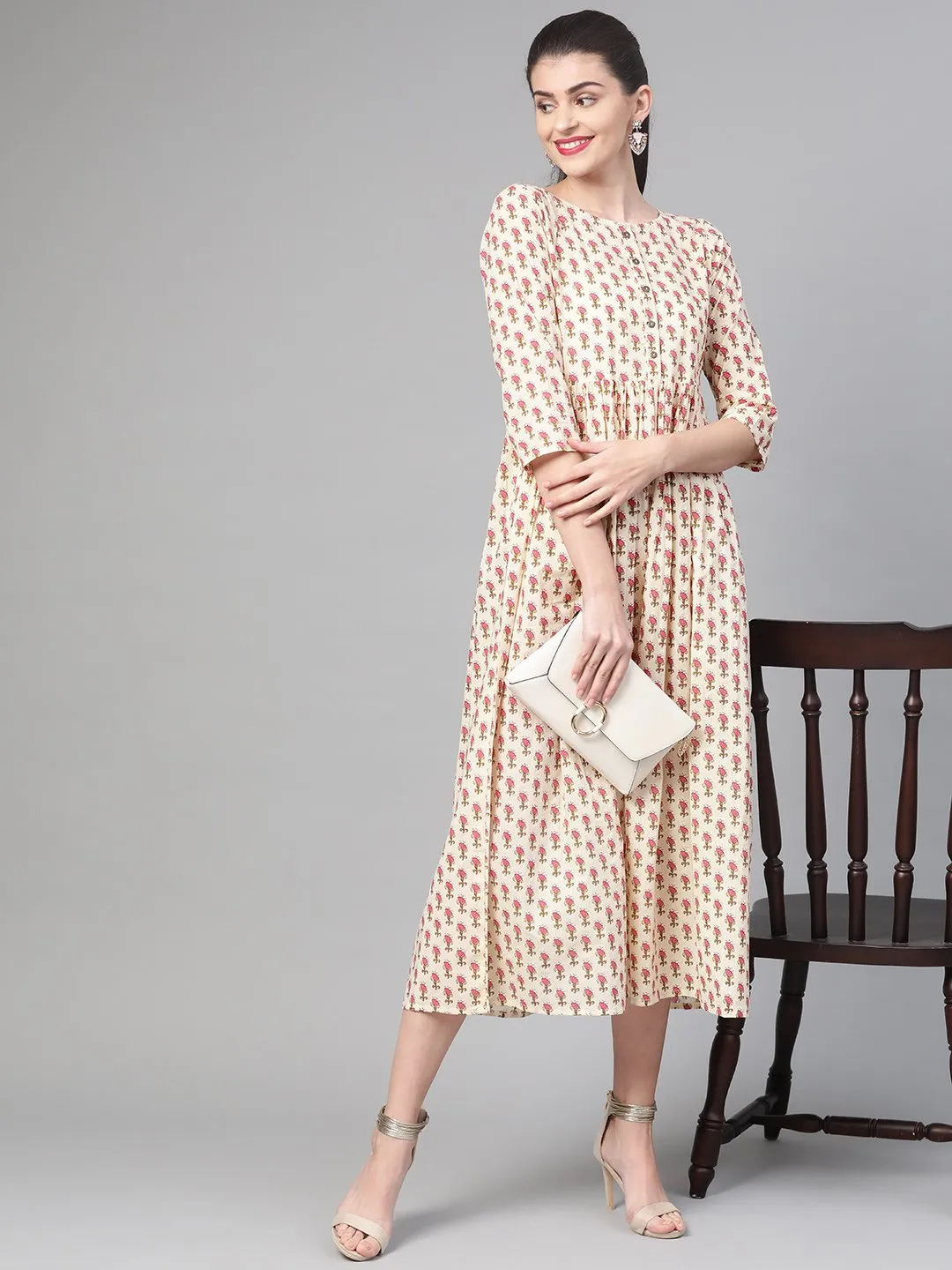 Women Cream & Pink Floral Printed Maxi Dress